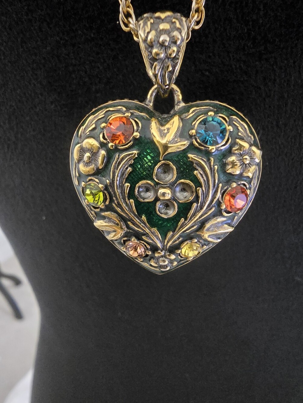 Vintage Joan Rivers Heart Pendant Necklace with Green Enamel and Crystals